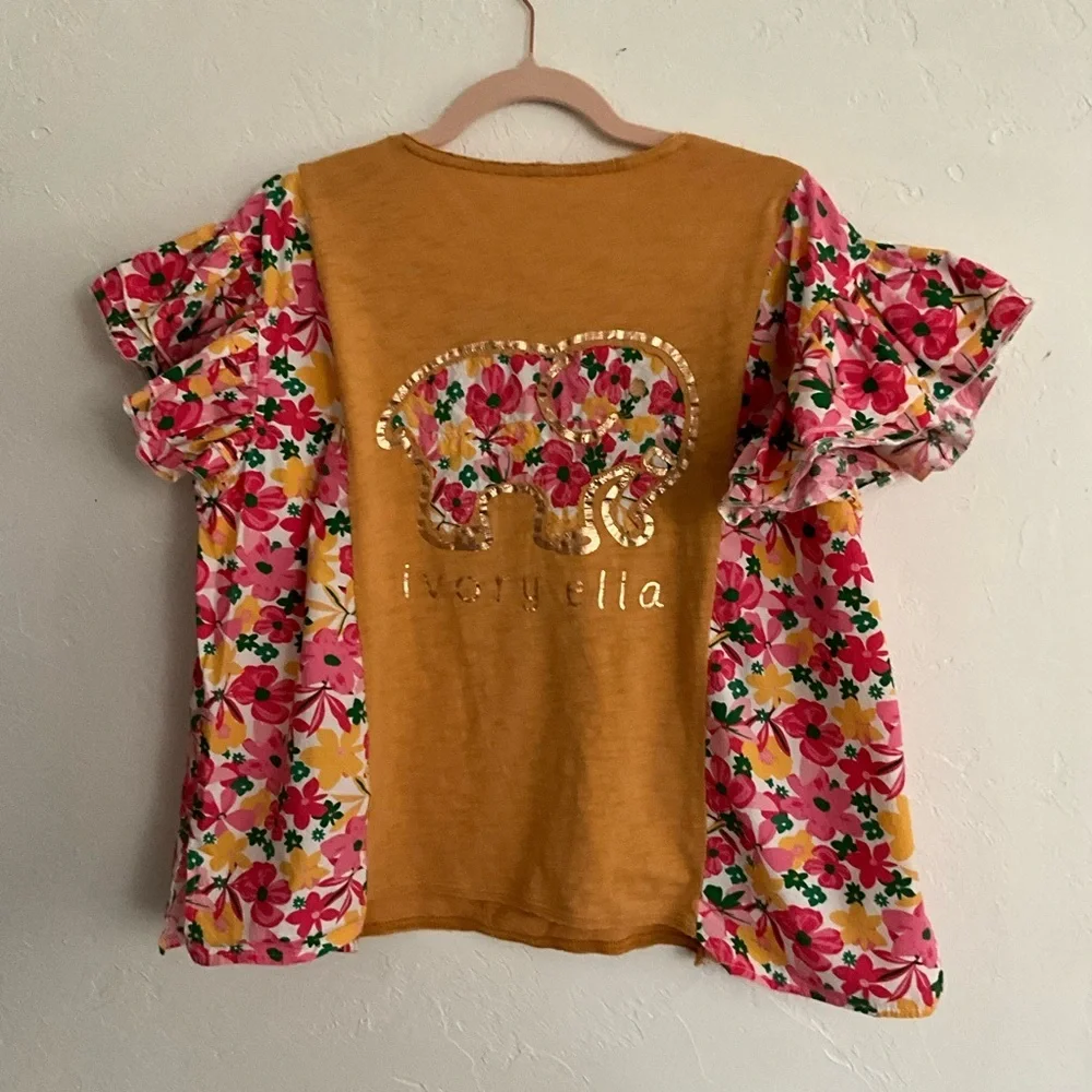 Upcycled Reworked Mustard Floral Ruffle Mixed Media Top Medium - Picture 3 of 6